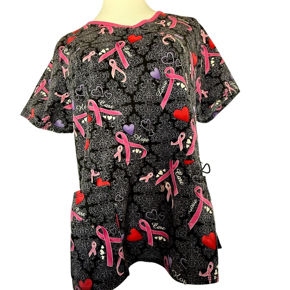 SKU2405 Scrubstar Medium Scrub Top Breast Cancer Ribbons Hearts Pocket Care